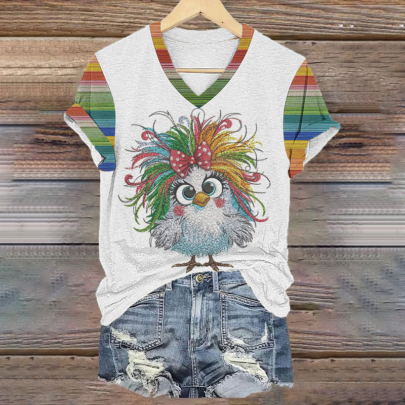 Funny Thanksgiving Fall Rainbow Crazy Chicken Painting V-Neck T-Shirt artswardrobe