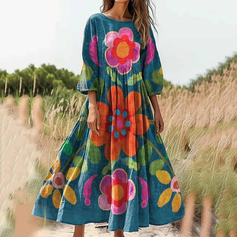 Vintage Floral Print Casual Midi Dress artswardrobe