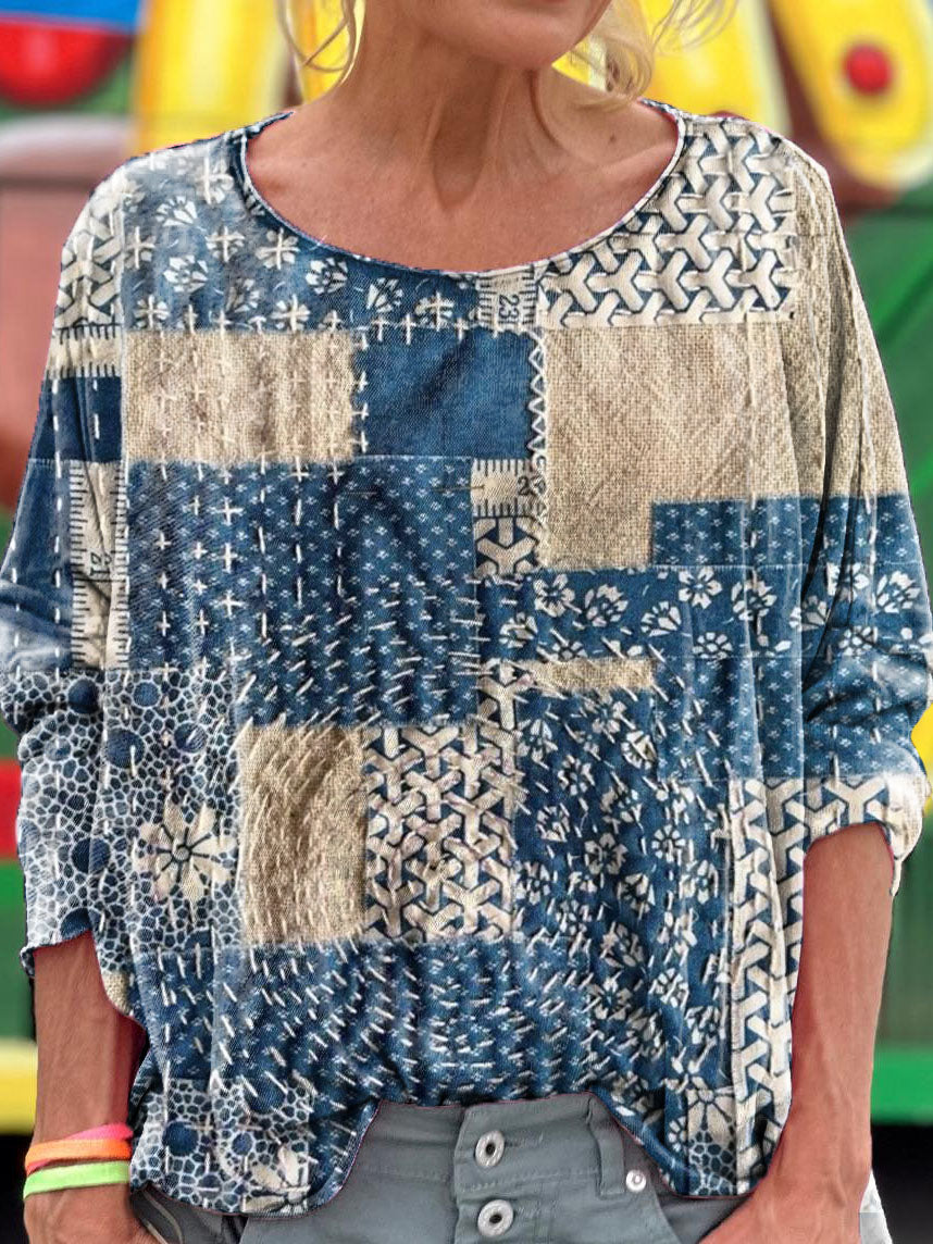 Women's Folk Floral Patchwork Texture Art Print Casual Long Sleeve Top