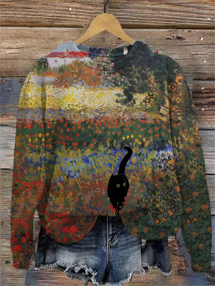 Women's Casual Japanese Art Funny Black Cat Print Sweatshirt elevenforest