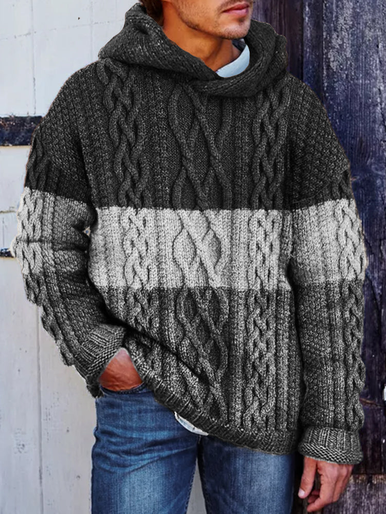Men's Retro Colorblock Celtic Cable Knit Cozy Hooded Sweater elevenforest