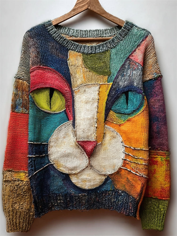 Cat Face Inspired Colorblock Art Cozy Knit Sweater elevenforest