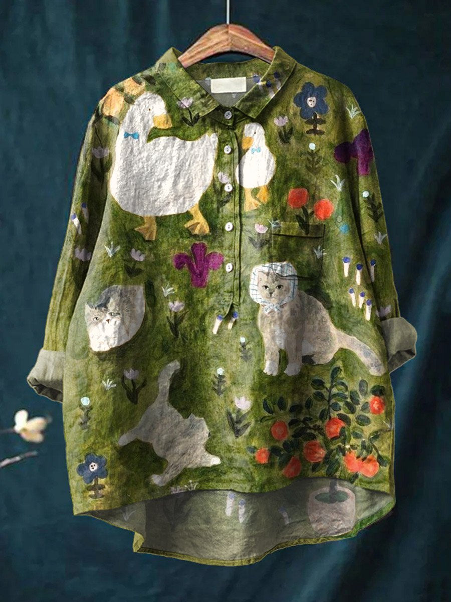Vintage Lovely Animals Woodland Art Print Casual Cotton And Linen Shirt