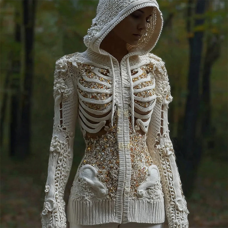 Halloween Skull Sequin Art Knit Zipper Hooded Sweater artswardrobe