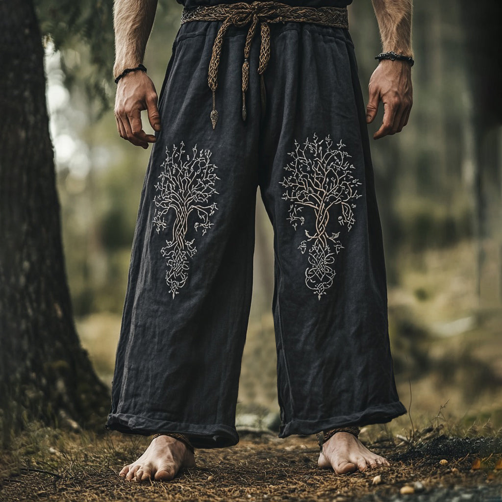 Vintage Life Of Tree Embroidery Art Linen Loose Wide-leg Pants artswardrobe