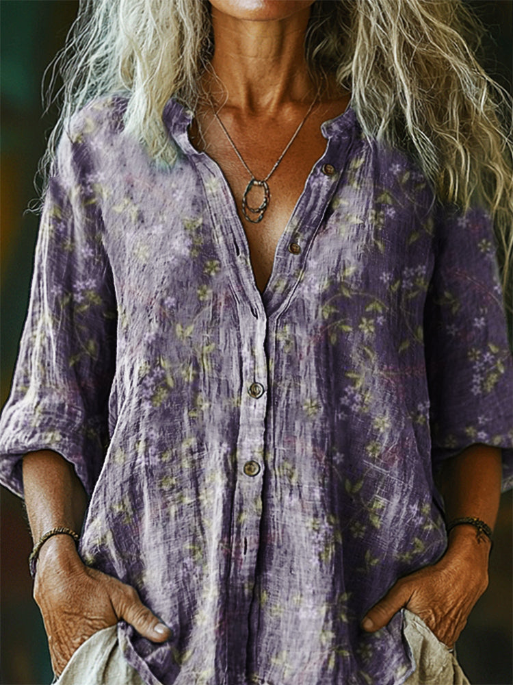 Women's Vintage Floral Art Print Linen And Cotton V-neck Casual Shirt