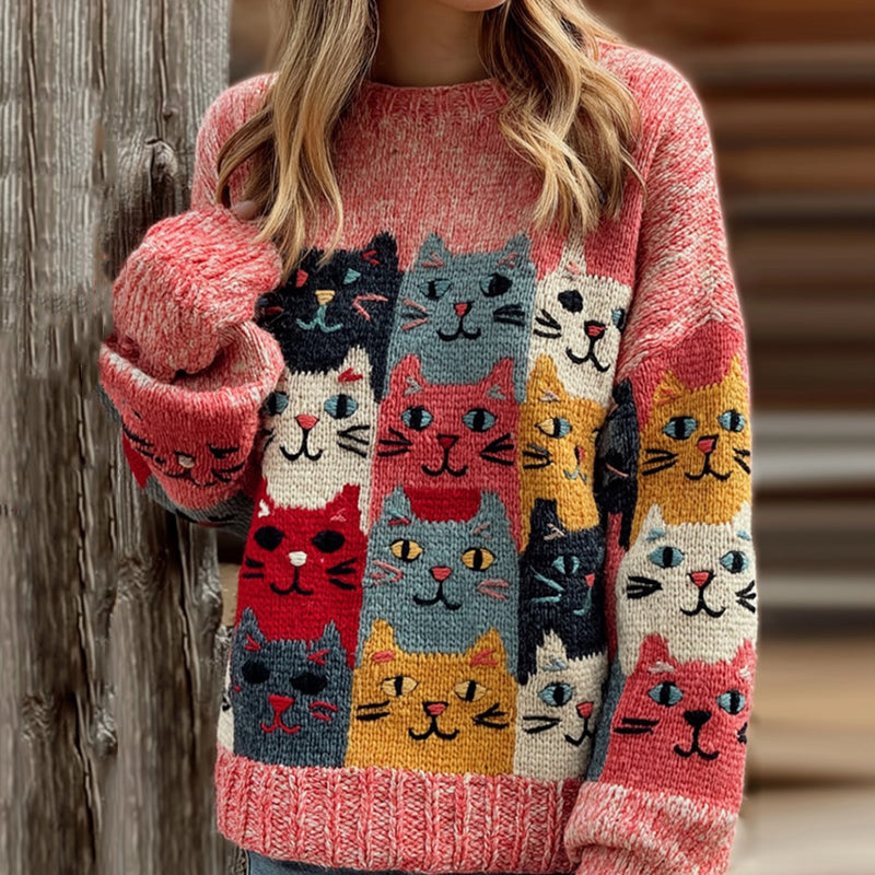 Women's Colorful Cats Pattern Art Cozy Knit Sweater artswardrobe