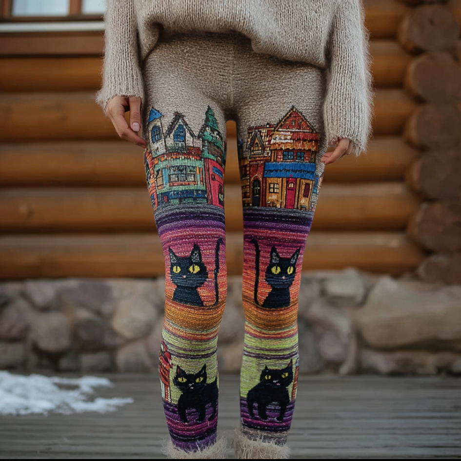 Comstylish Rainbow Fun Cat Lady's Knitted Tight-fitting Leggings