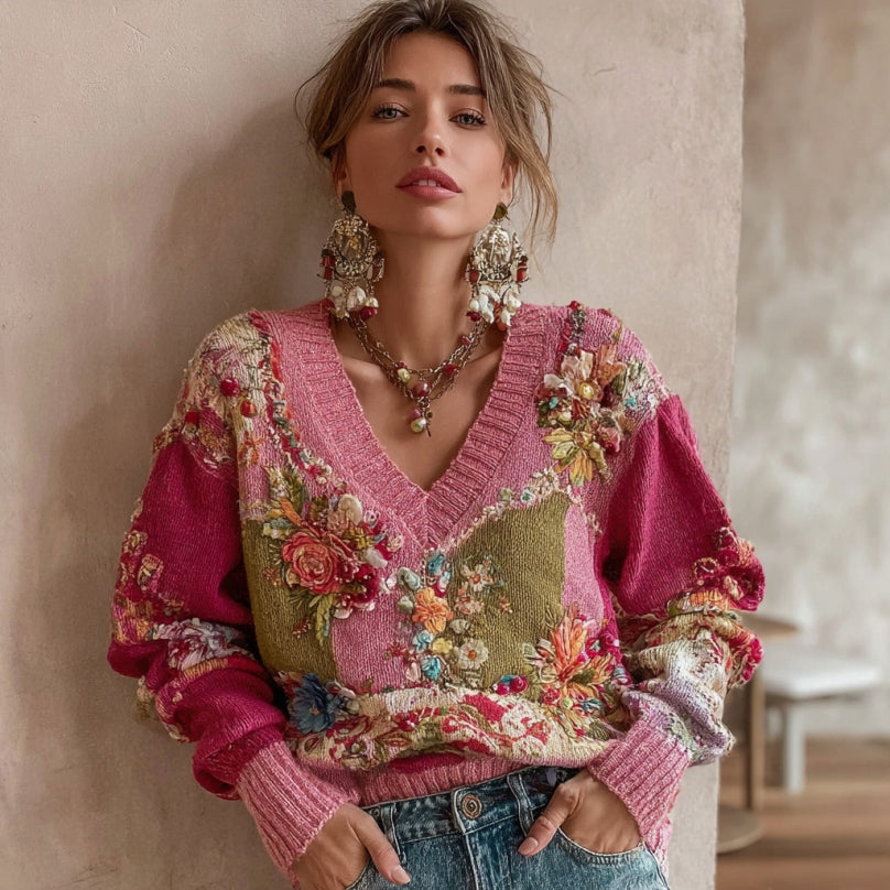 Women's Vintage Bohemian Floral Embroidery Patchwork Art V-neck Cozy Knit Sweater artswardrobe