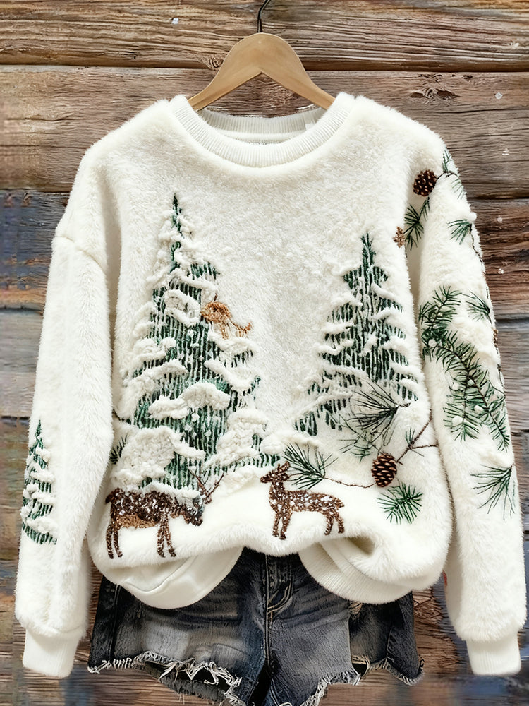 Christmas Reindeers Snowy Landscape Cozy Plush Sweatshirt