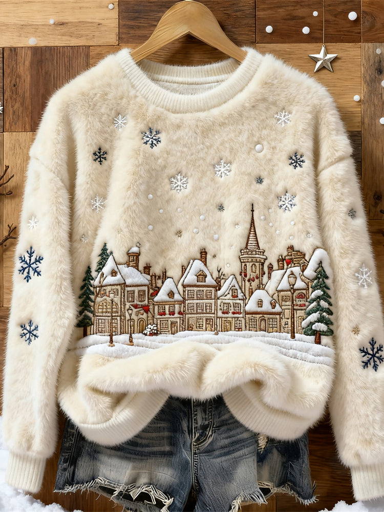 Christmas Snow Scene Embroidery Women's Cozy Plush Sweater artswardrobe