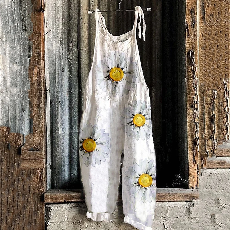 Women's Bohemian Style Daisy Floral Linen Print Cotton Linen Jumpsuit artswardrobe