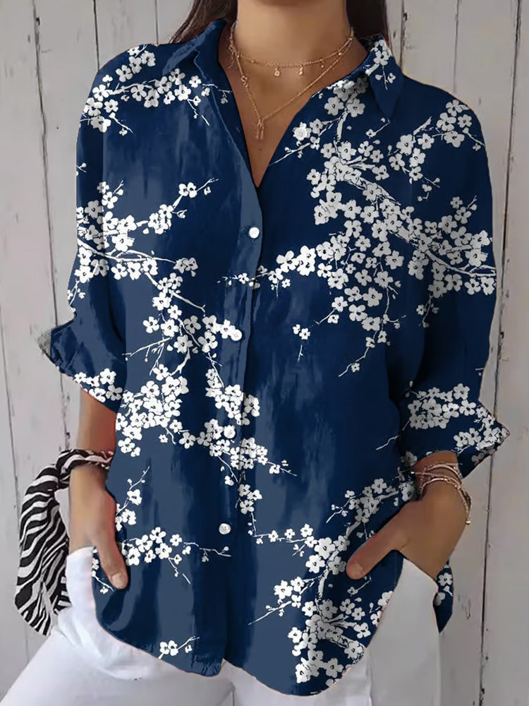 Women's Casual Vintage Blue Floral Art Print Shirt artswardrobe