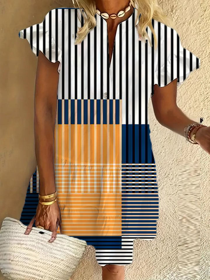 Geometric art ruffle short-sleeved V-neck button dress holiday beach dress