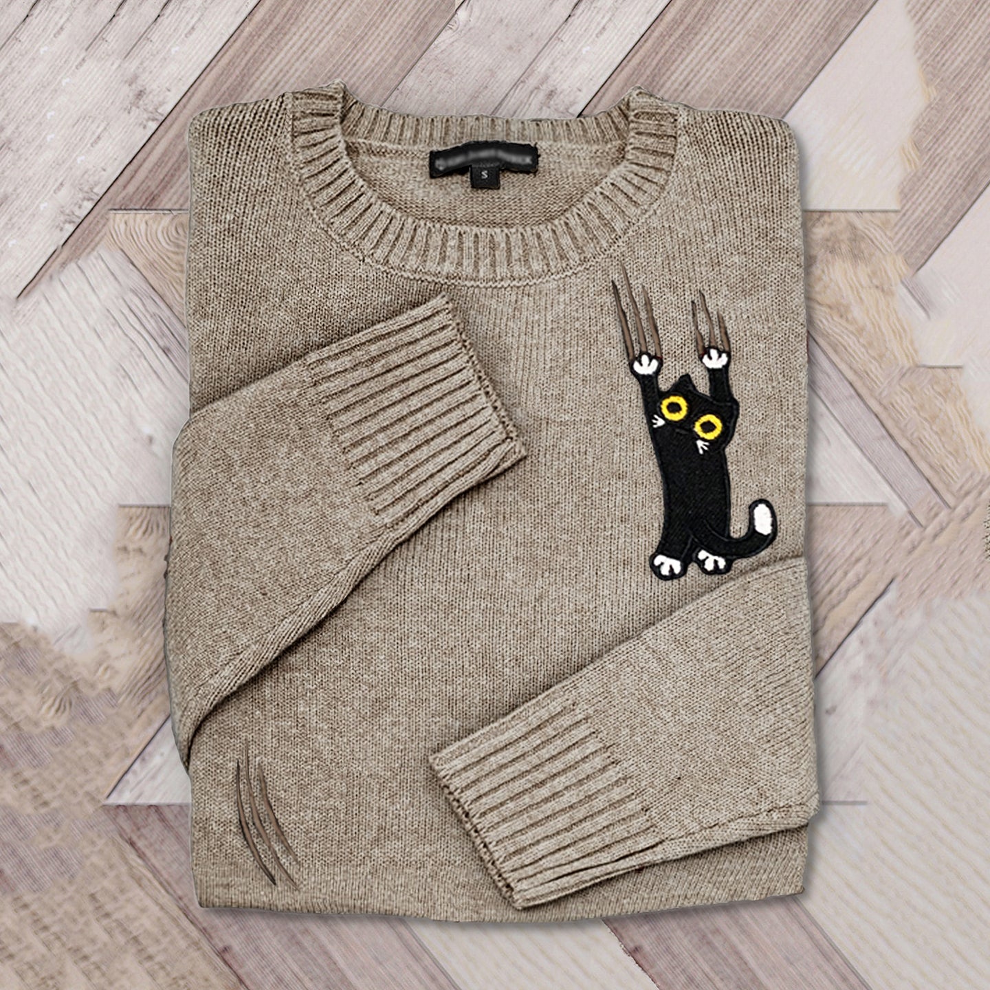 Funny Black Cat Embroidery Art Cozy Ladies Sweater elevenforest