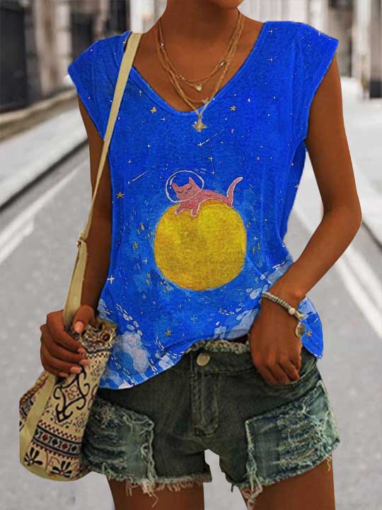 Women's Casual Dream Cat Watercolor Painting Print Vest elevenforest