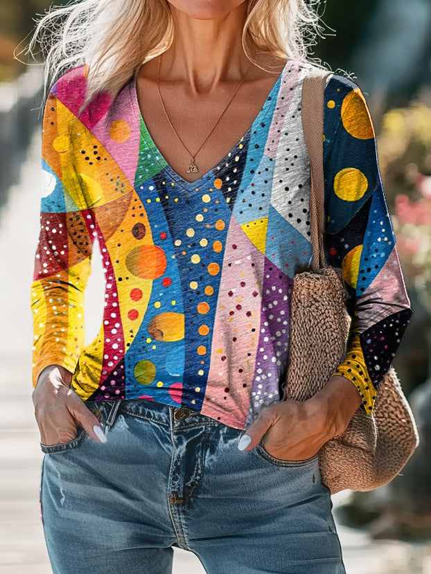 Women's Colorful Irregular Wave Pattern Art Print Casual V-Neck Long S