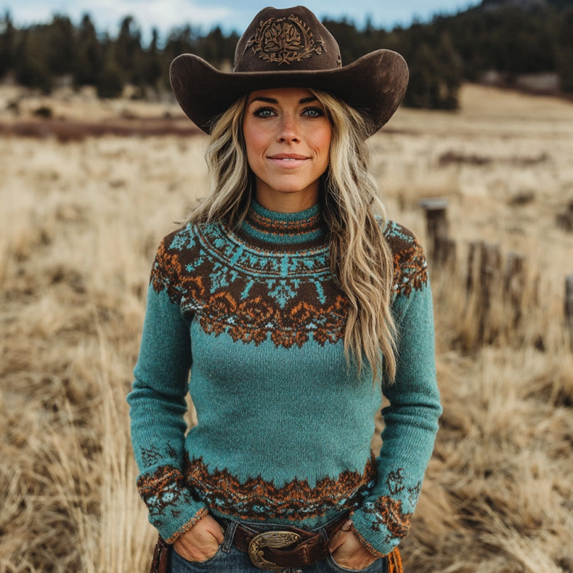 Women's Vintage Western Geometric Art Print Knit Turtleneck Sweater elevenforest