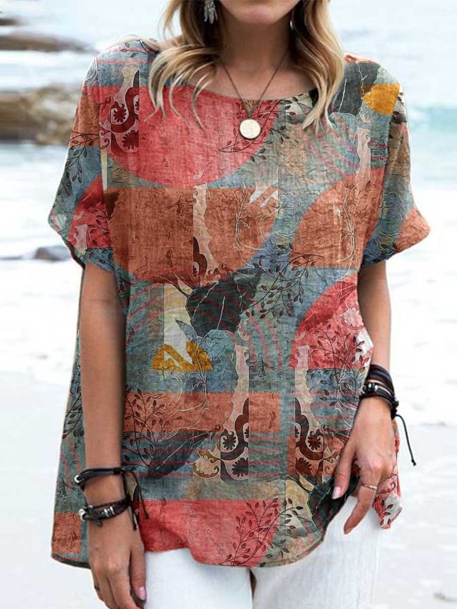 Women's Retro Geometric Pattern Cotton and Linen Crew Neck Top