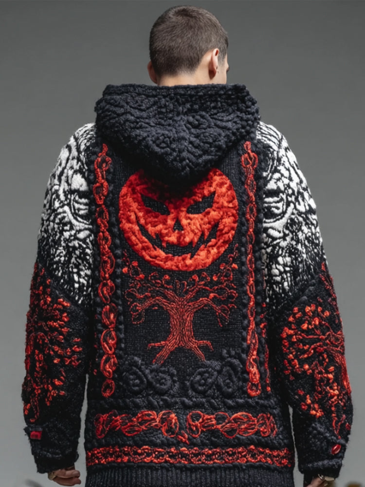 Men's Halloween Pumpkin Smiling Face Red Full Moon Three-dimensional Embroidery Long Sweater artswardrobe