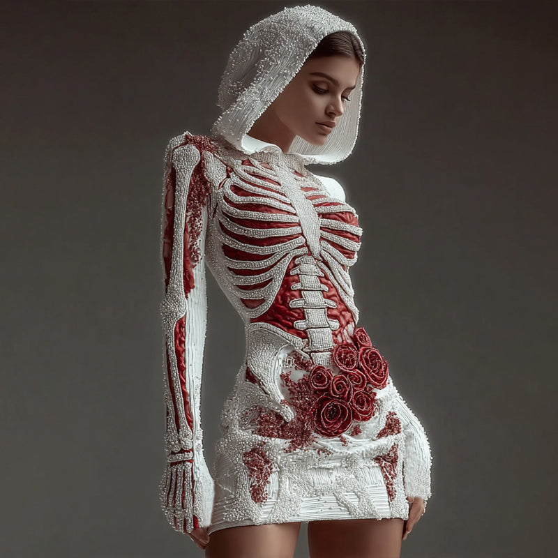 Women's Vintage Skeleton Roses Art Knit Hooded Mini Sweater Dress artswardrobe