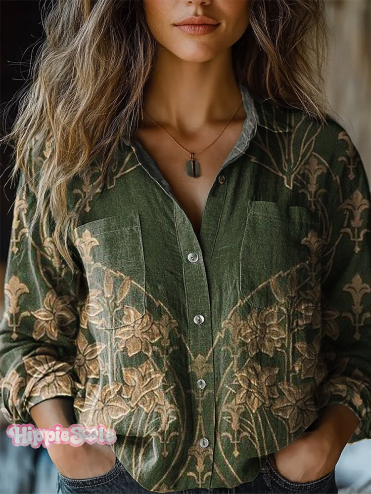 Women's Retro Ethnic Floral Pattern Print Casual Long Sleeve Comfortab