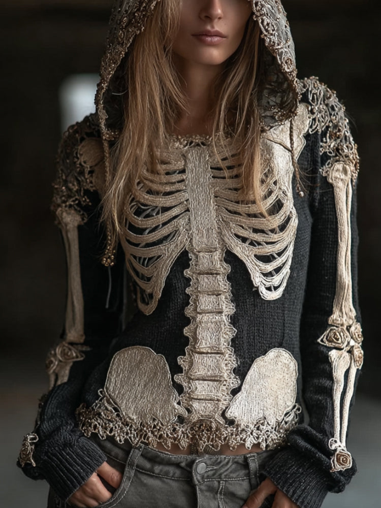 Women's Halloween Skeleton Rose Retro Dark Hooded Sweater artswardrobe