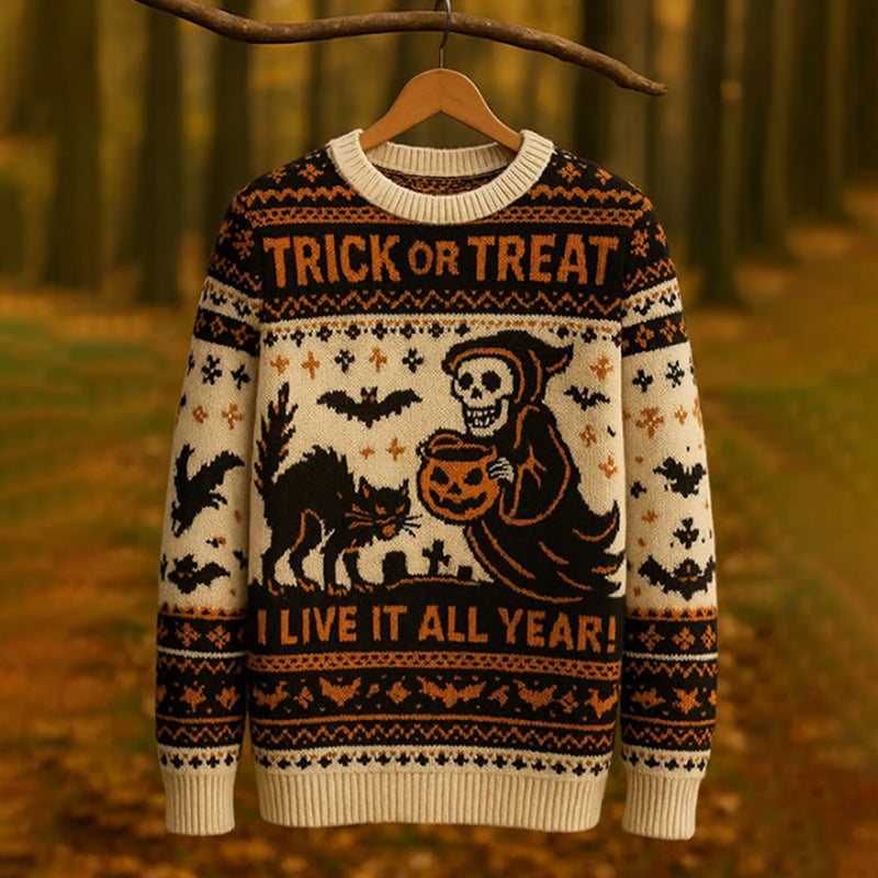 Women's Retro Cat Death Bat Fair Isle Style Halloween Print Sweater artswardrobe