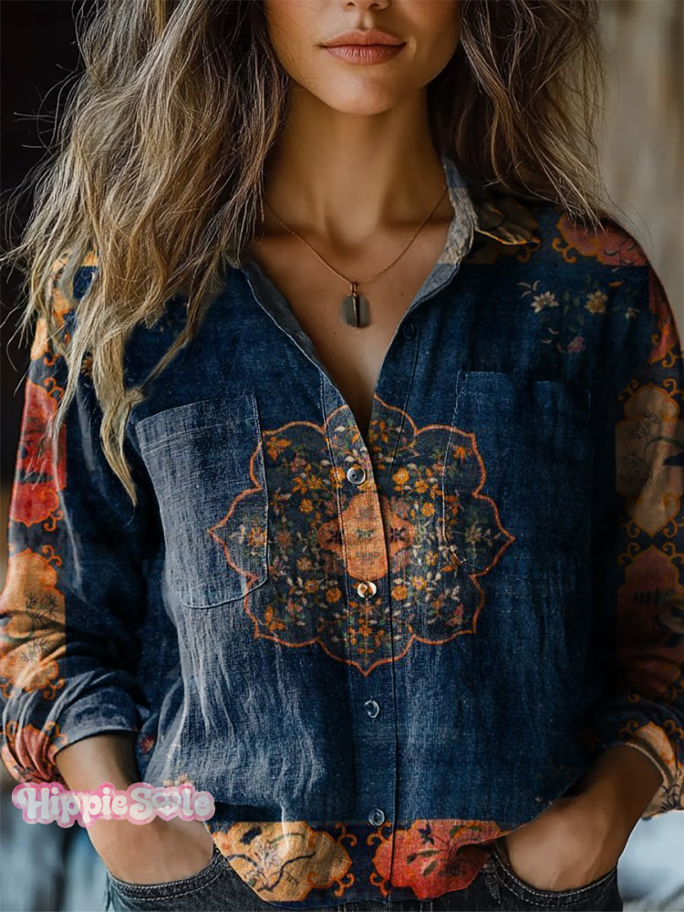 Women's Retro Ethnic Totem Pattern Print Casual Long Sleeve Comfortabl