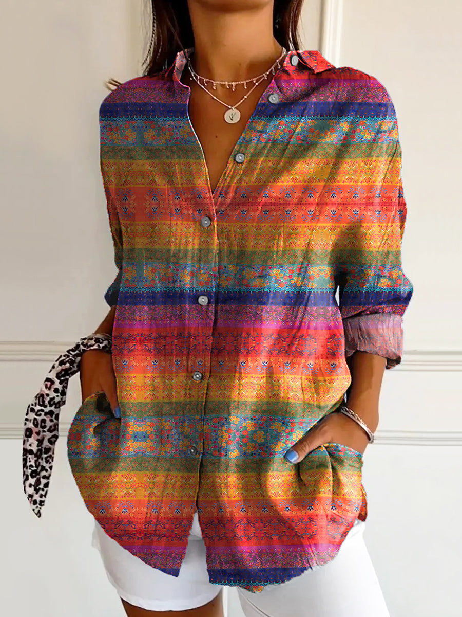 Women's Vintage Floral Art Print Casual Cotton Shirt