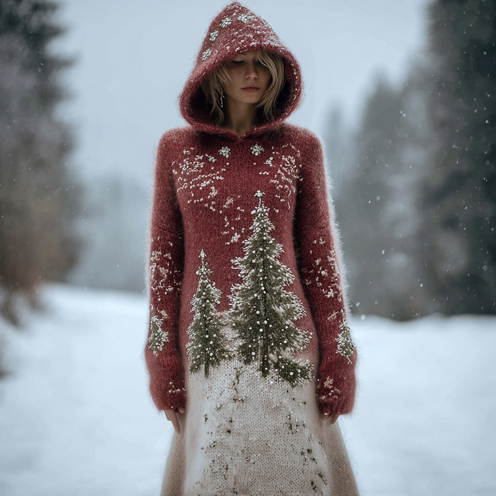 Vintage Christmas Trees Beads Embroidered Comfy Sweater Dress artswardrobe