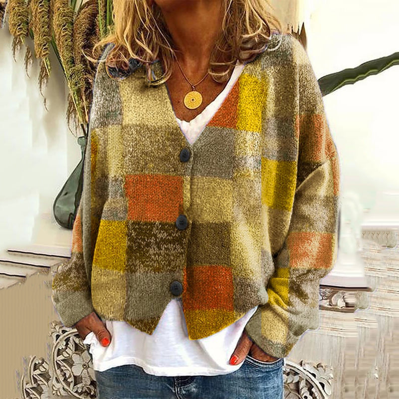 Vintage Geometric Print V-Neck Knitted Cardigan elevenforest