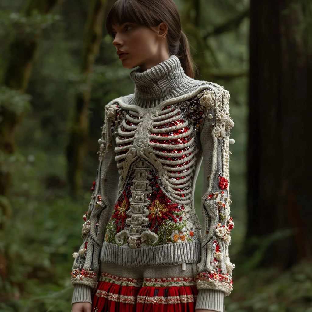 Halloween Skull Sequin Art Knitted Turtleneck Sweater artswardrobe