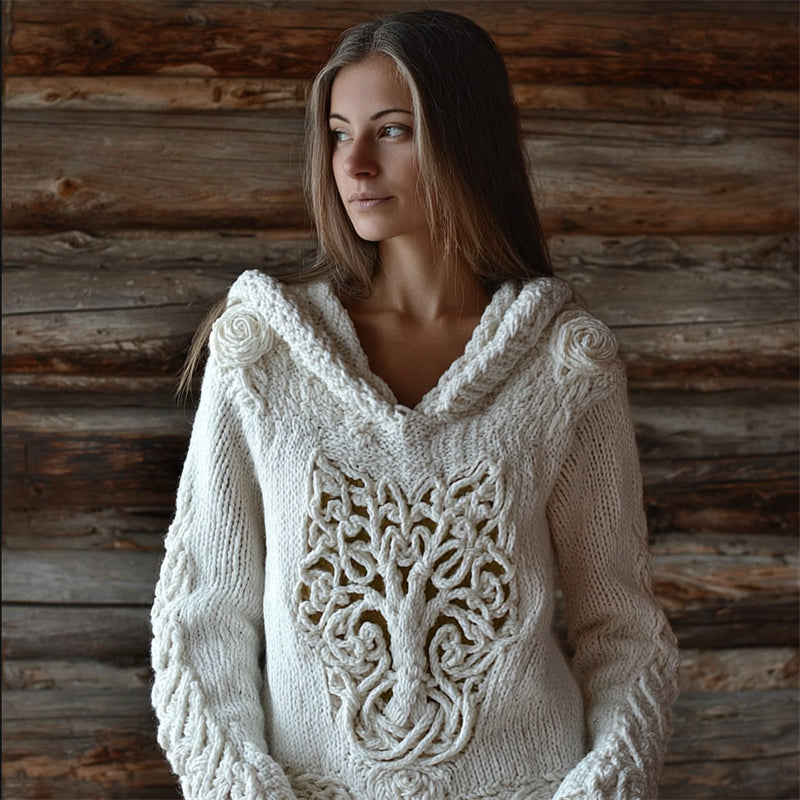 White Roses Tree Of Life Celtic Cozy Knit Hooded Sweater artswardrobe