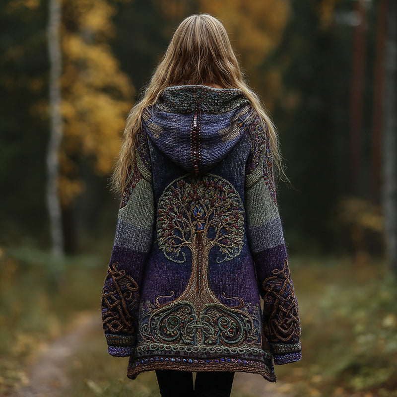 Vintage Tree Of Life Symbol Contrast Color Comfortable Chunky Hooded Cardigan Sweater artswardrobe