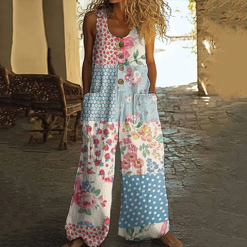 Vintage Floral Patchwork Print Women's Linen Vest Jumpsuit artswardrobe