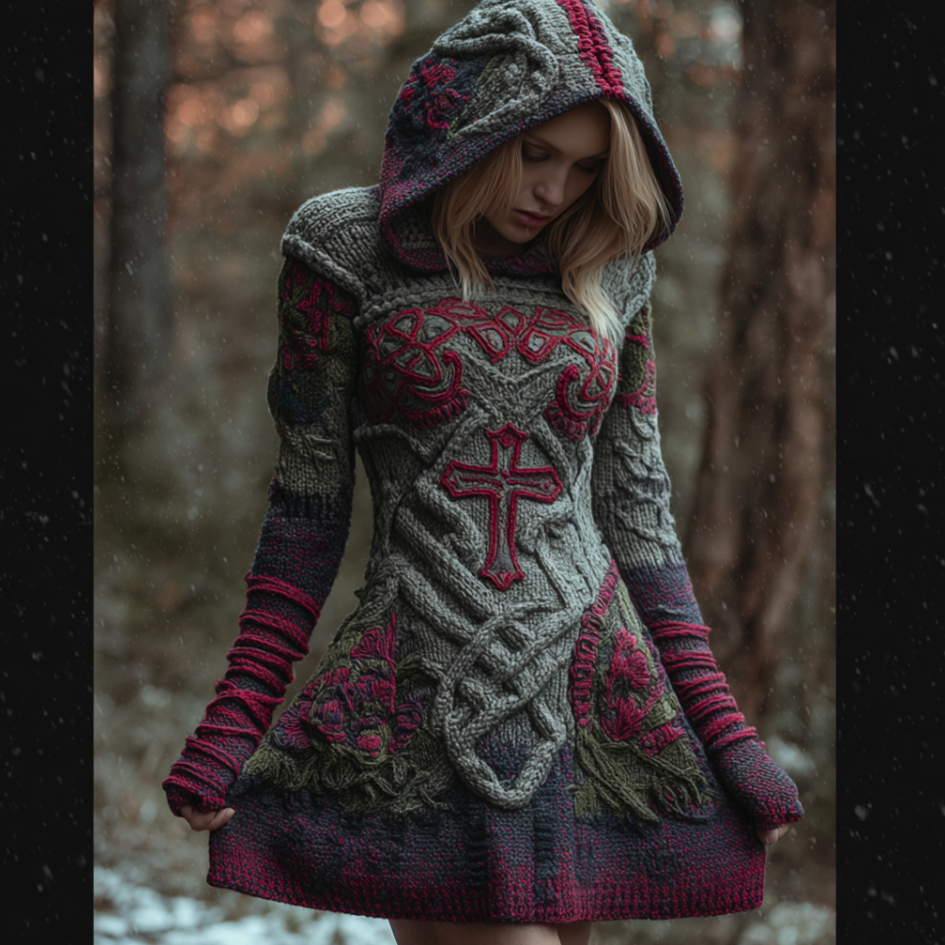 Halloween Viking Style Lady Hooded Knit Sweater Dress artswardrobe