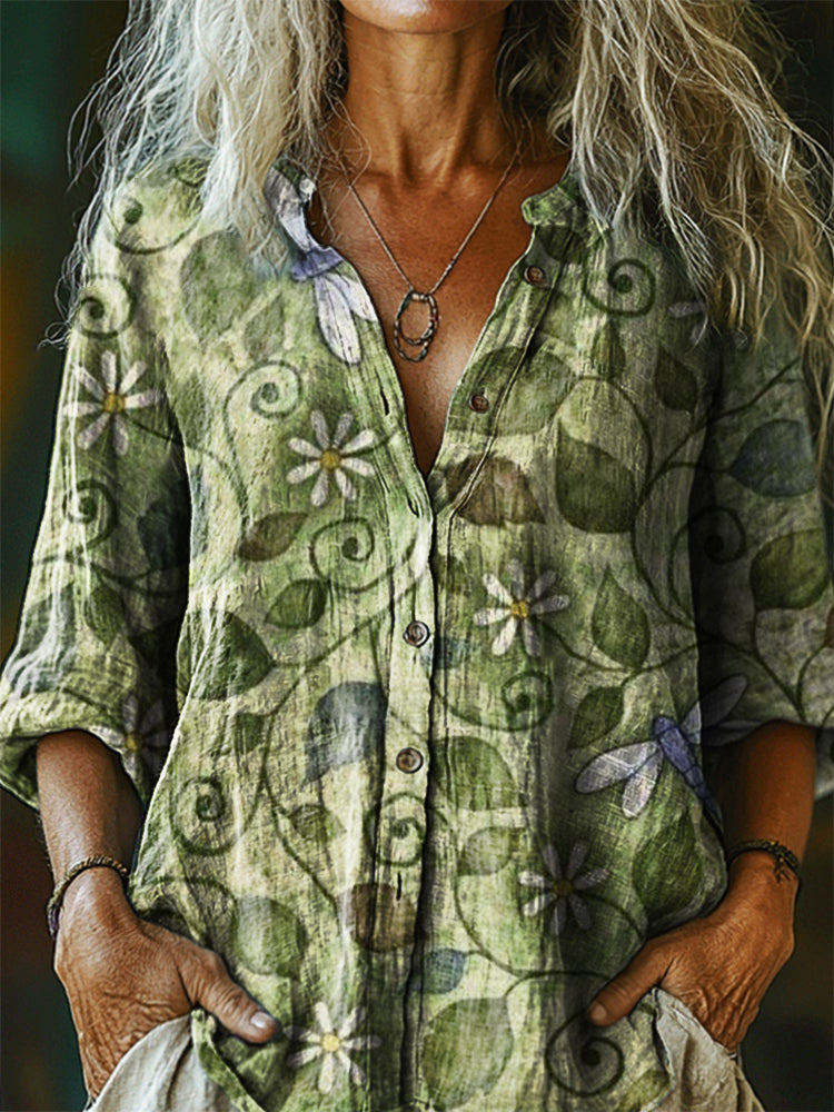 Women's Bohemian Floral Dragonfly Art Print Casual Cotton Linen Shirt
