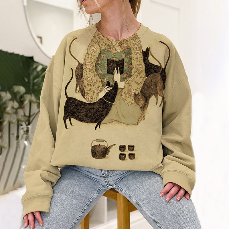 Women's Retro Happy Life With Cats Print Casual Sweatshirt elevenforest
