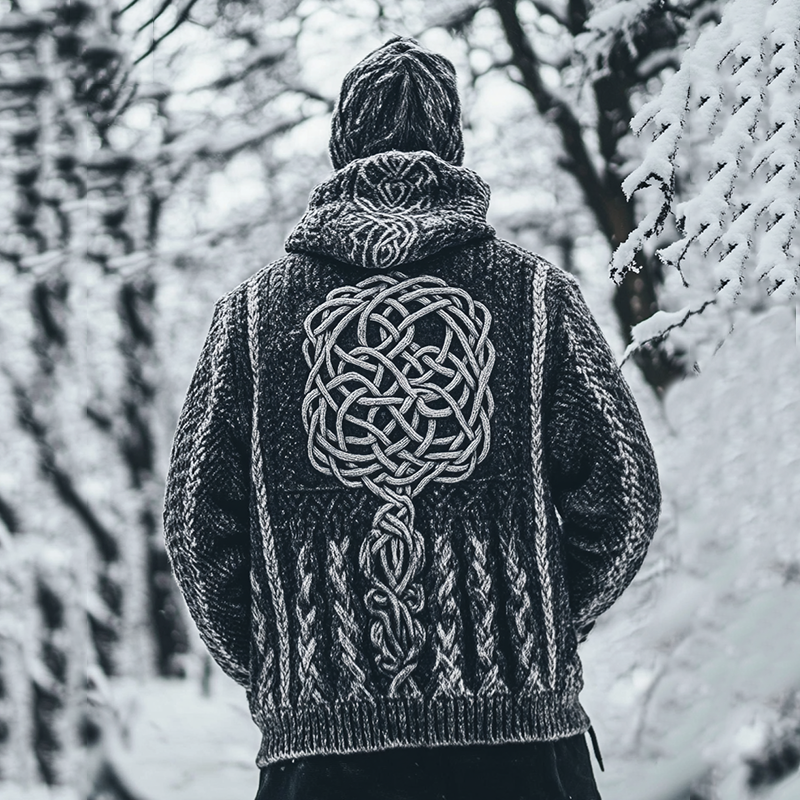 Men's Vintage Viking Tribal Tree Of Life Jacquard Knit Hooded Cardigan artswardrobe