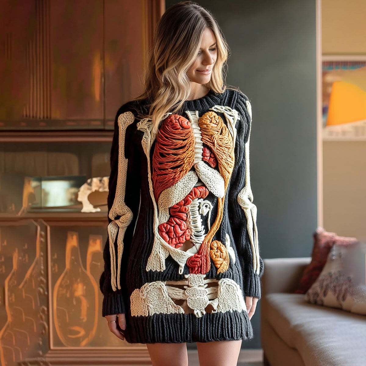 Women's Vintage Halloween Human Organ Art Cozy Knit Sweater Mini Dress artswardrobe