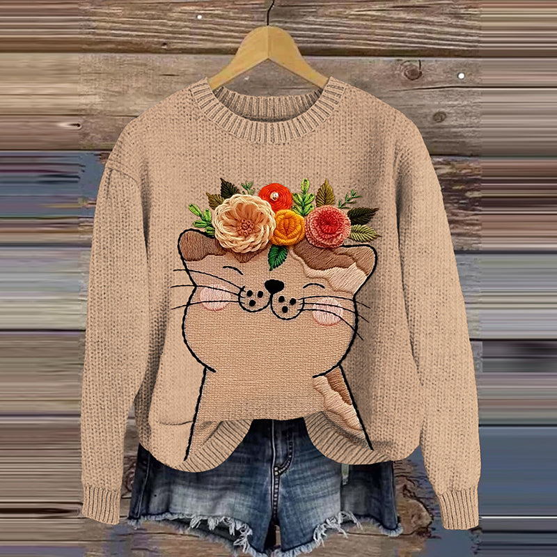 Women's Cat Floral Embroidery Knit Art Casual Sweater elevenforest