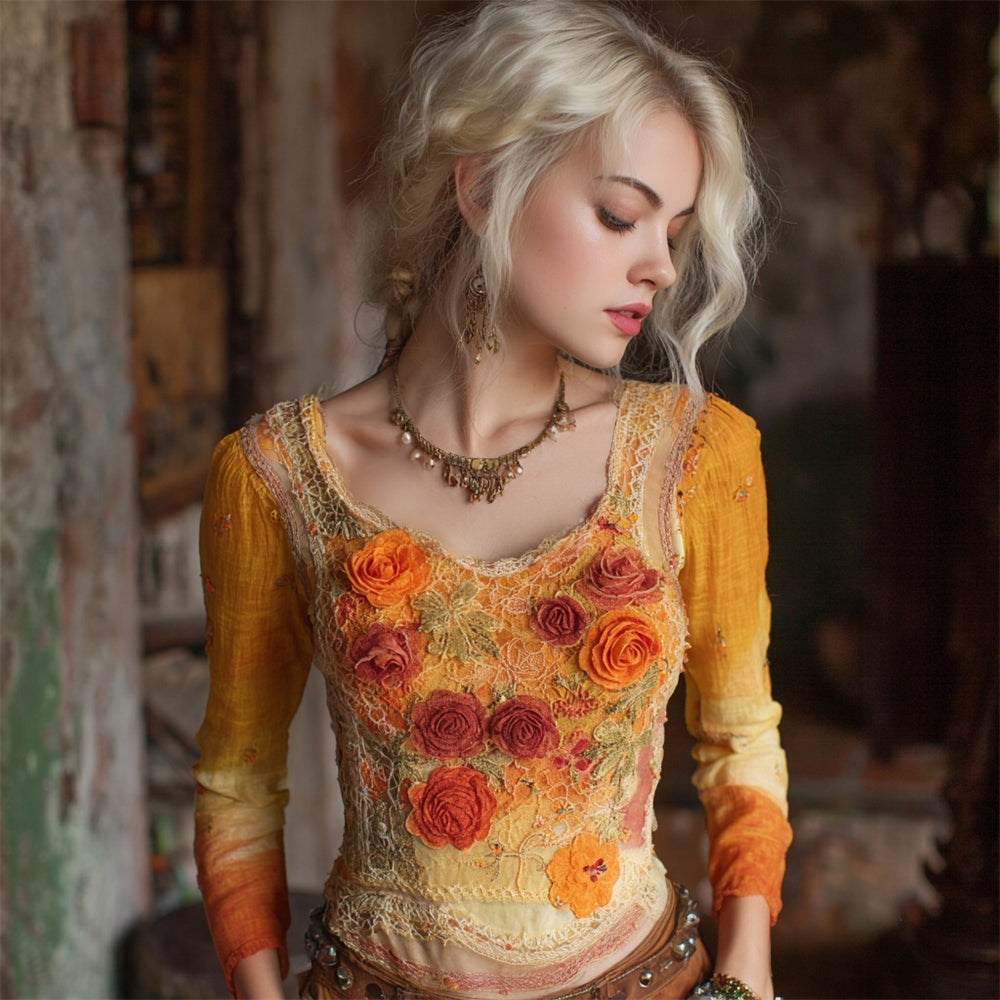 Autumn Floral Vintage Lace Patchwork Art Women's Long Sleeve Top artswardrobe
