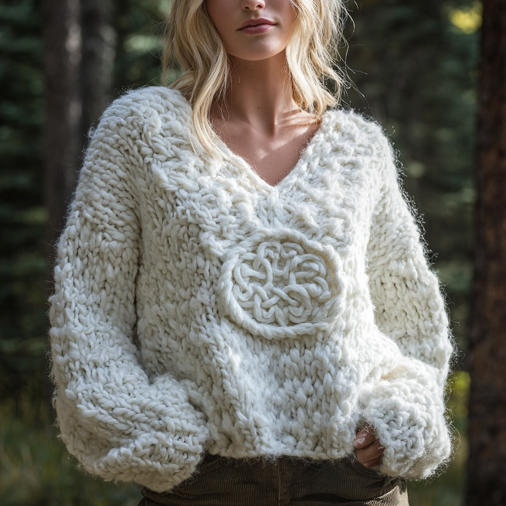 Women's Vintage Viking Rune Pattern Knitted Warm V-neck Sweater artswardrobe