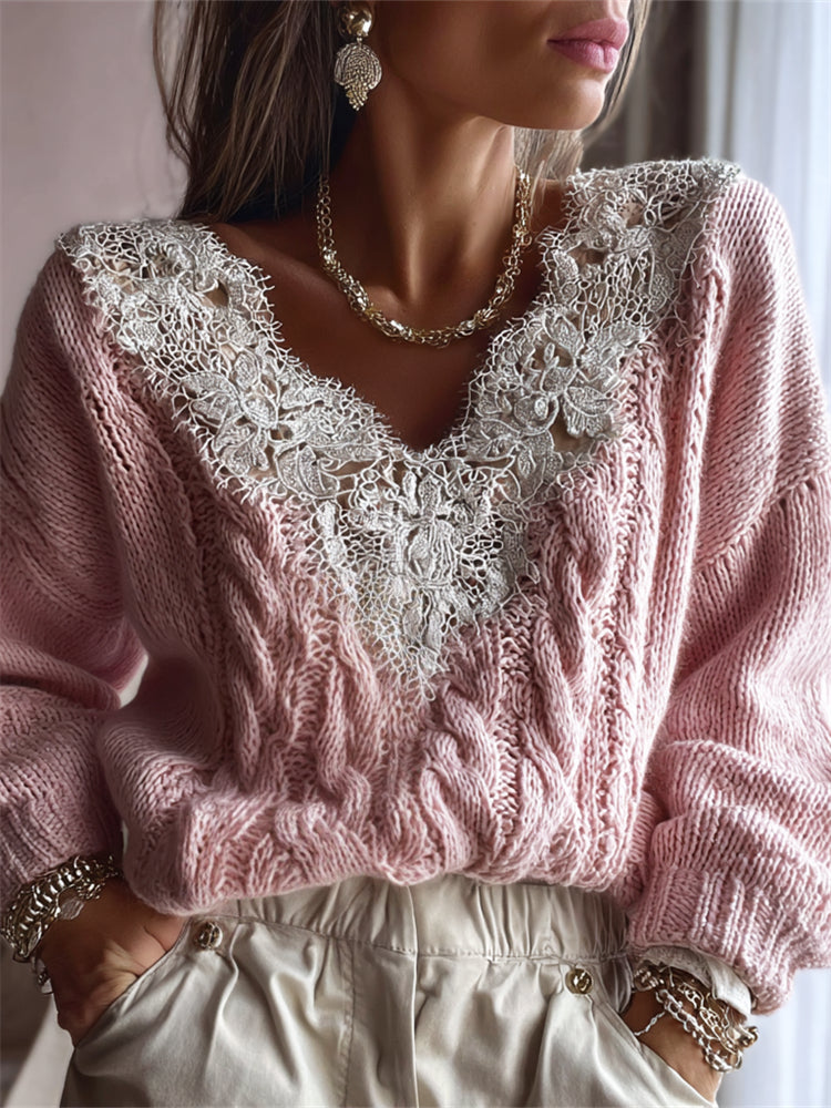 Vintage Lace Patchwork V Neck Cozy Cable Knit Sweater elevenforest