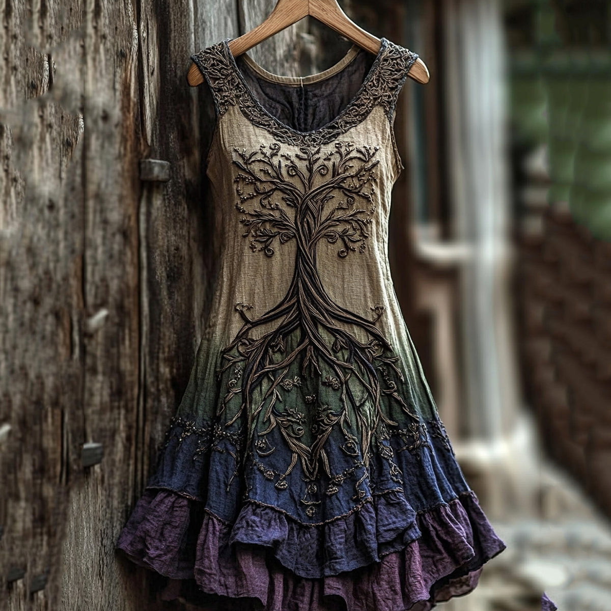 Women's Vintage Viking Tree Of Life Color Gradient Linen Dress artswardrobe