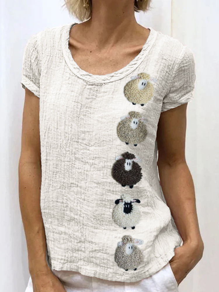 Colorful Sheep Embroidered Linen Shirt artswardrobe