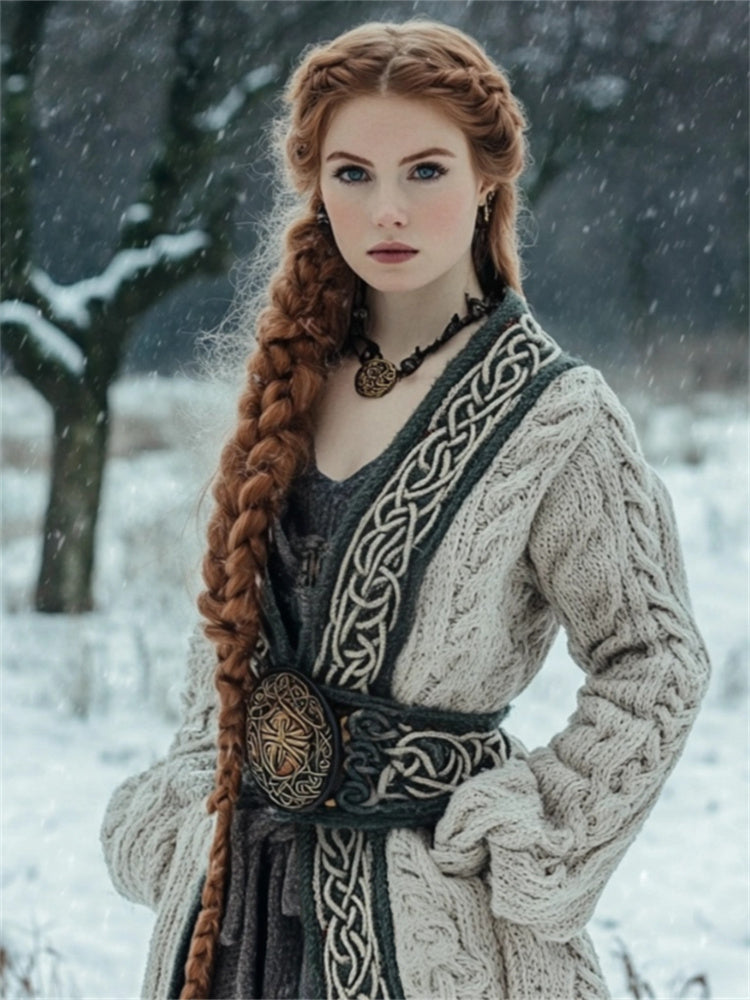 Vintage Medieval Celtic Contrast Hem Cozy Chunky Long Cardigan artswardrobe