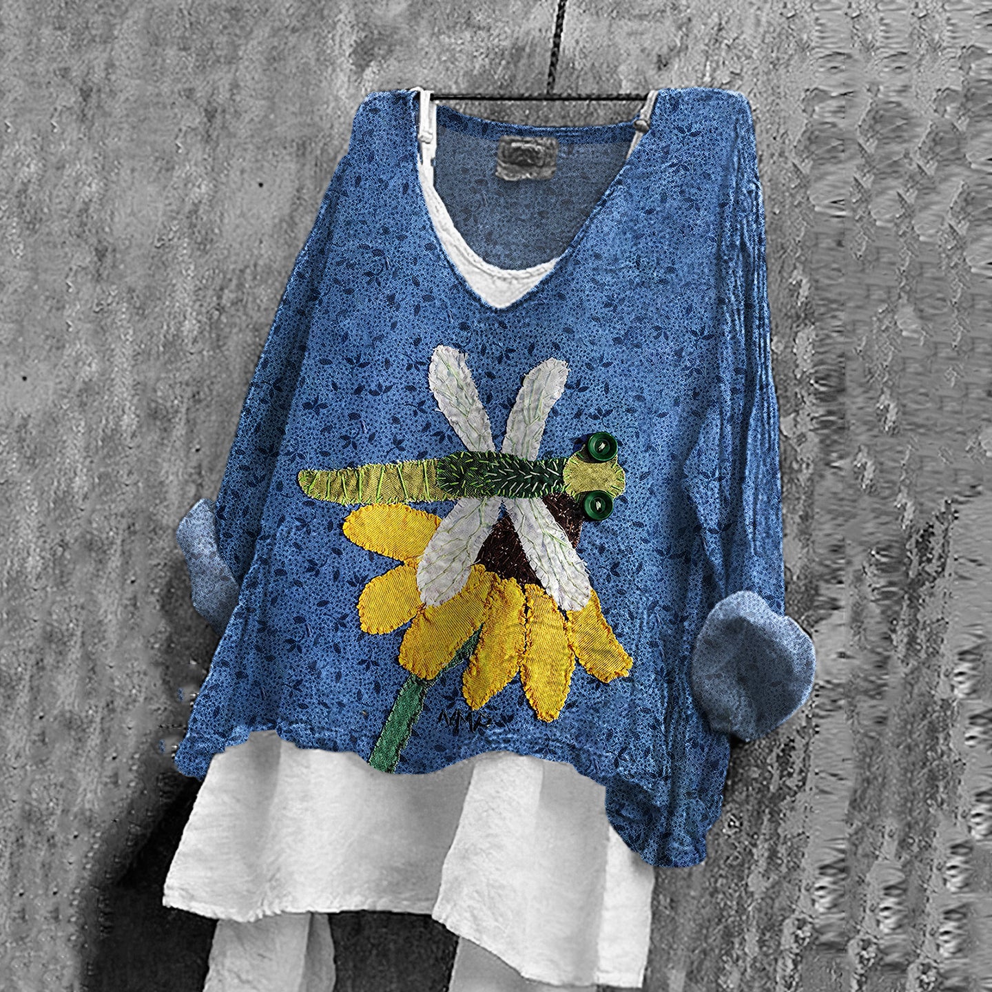 Comstylish Women's Dragonfly And Sunflower Art Cotton And Linen V-neck Shirt