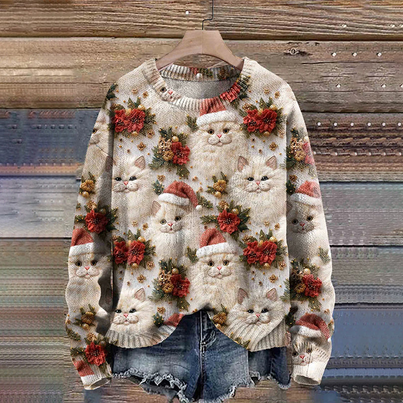 Cute Cat Christmas Art Print Knit Pullover Sweater elevenforest